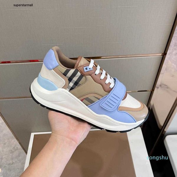 mixed platform 2023 women burbrerys trainers color quality fashion casual wedges shoes sneakers patchwork autumn spring beathable athletic s, Black